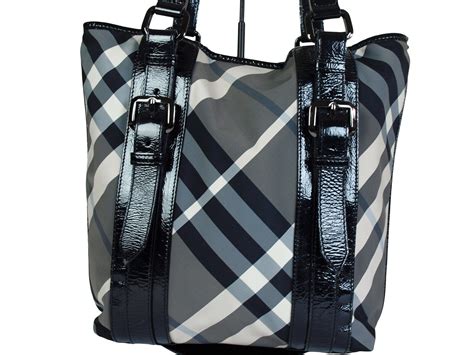 auth burberry nova check nylon canvas patent leather black tote|burberry nova check tote price.